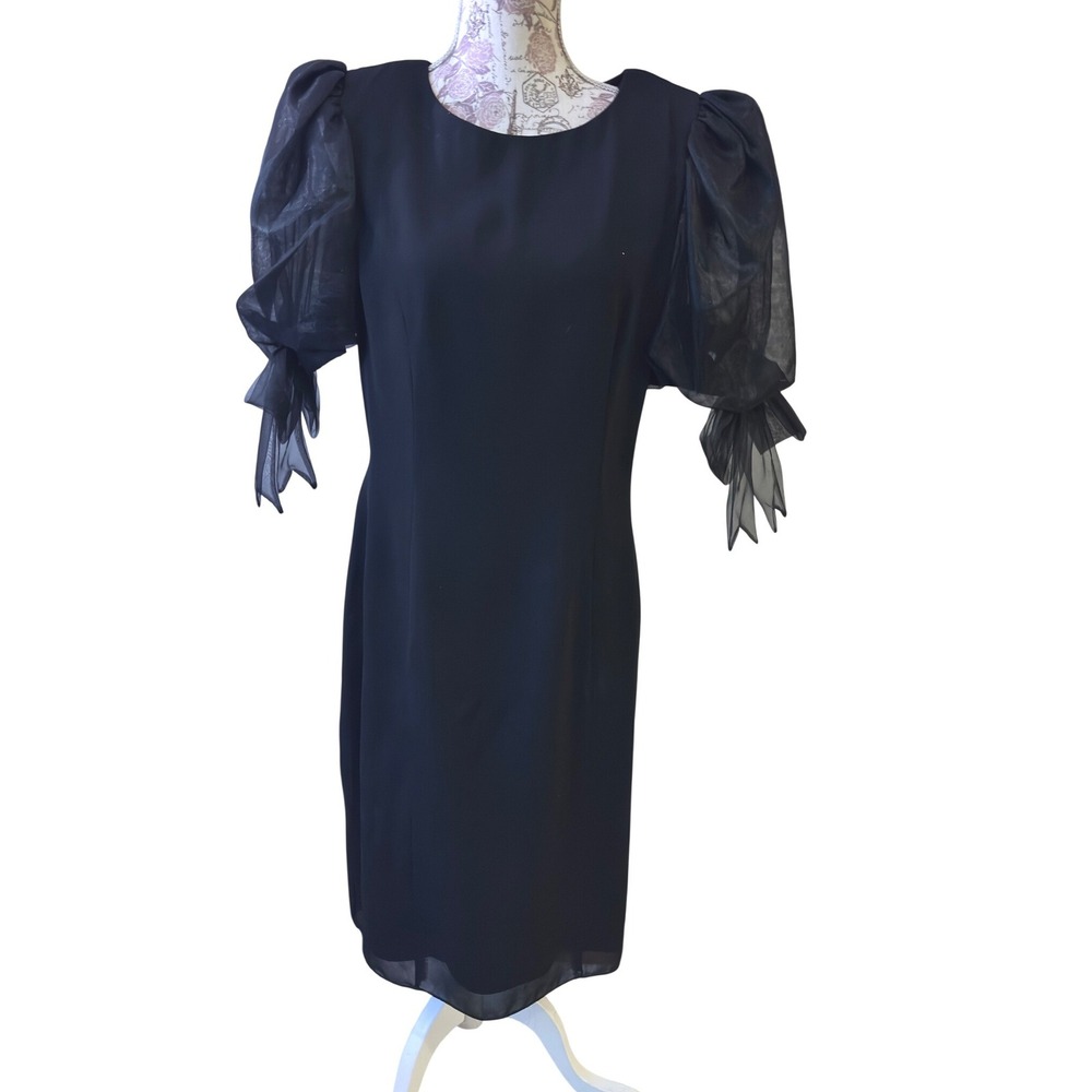 Vintage Just in David New York Black Puff Sleeve Sheer Organza Party Dress Small